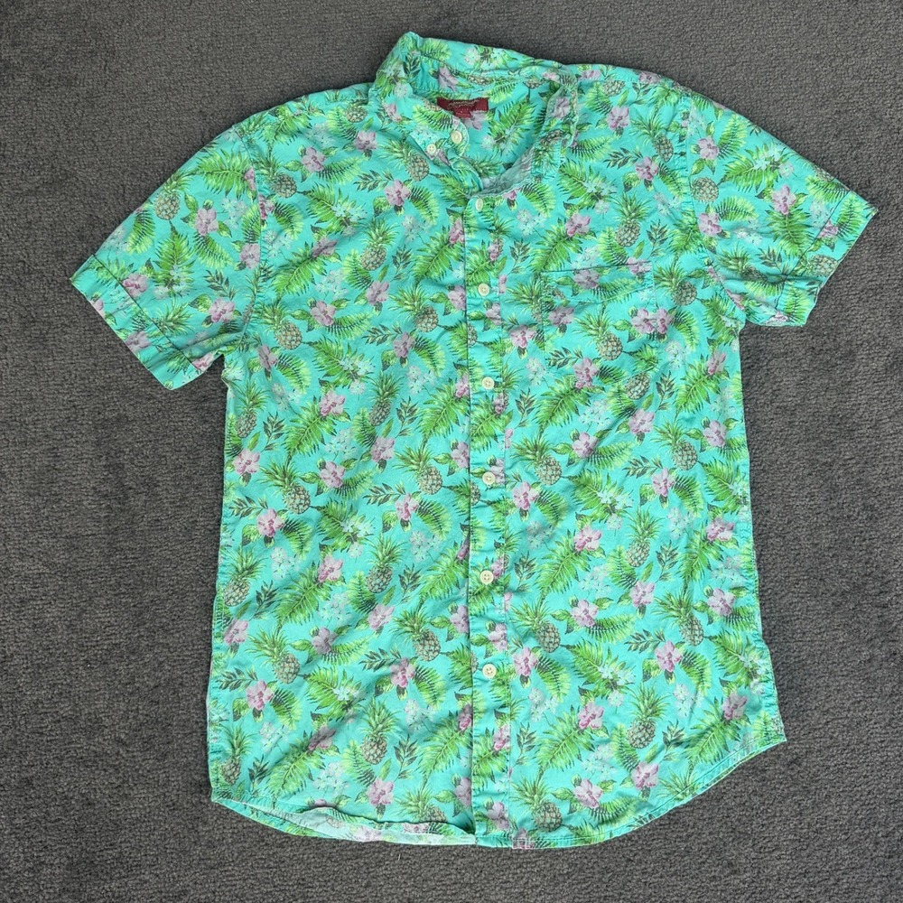 Arizona Jean Co Mens Small Tropical Pineapple Floral Button Down‎ Shirt Teal S